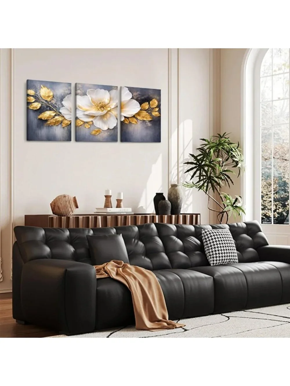 Set of 3 Gold & White Floral Canvas Prints - 16x20 Wall Art for Home Decor